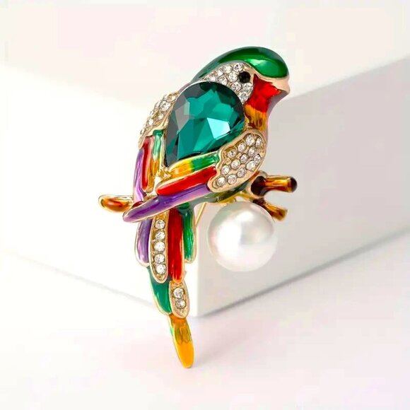 Parrot Brooch Rhinestone Pearl Bird Enamel Pin Colorful Tropical Fun Glam Gold - Picture 1 of 3
